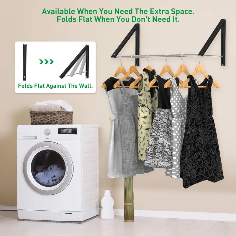 Anjuer Retractable Clothes Rack - Wall Mounted Folding Clothes Hanger Drying Rack for Laundry Room Closet Storage Organization, Aluminum, 2 Racks with Rod (Black) - Image 4